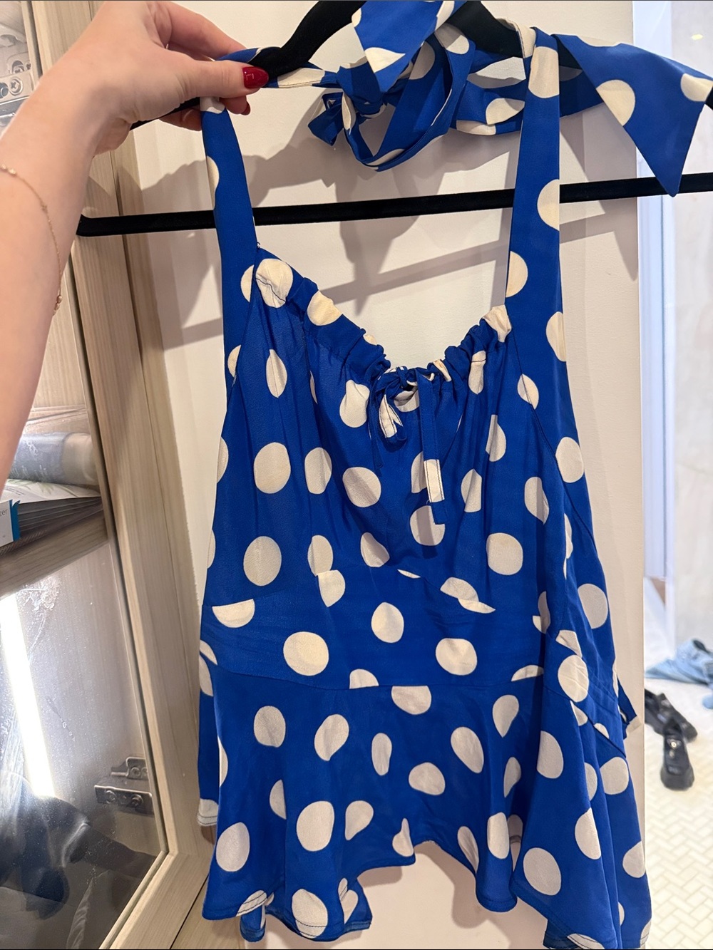 Vivienne Westwood Blue and White Polka Dot Sleeveless Tie-Neck Top